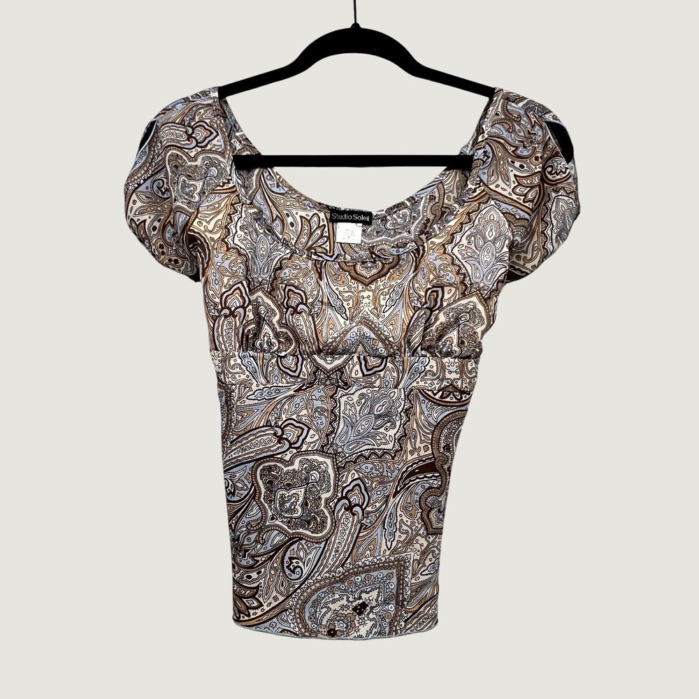 Studio Soleil Womens Paisley Scoop Neck Tie Back Blouse Brown Blue Medium 3948